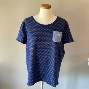 TOMMY HILFIGER polka dot navy women’s Tee shirt / top oval nevk front pocket XXL